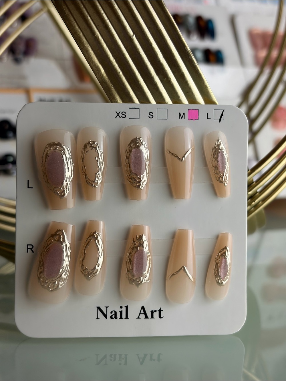 Neutral Nude Press-On Nails with Gold Accents Medium size